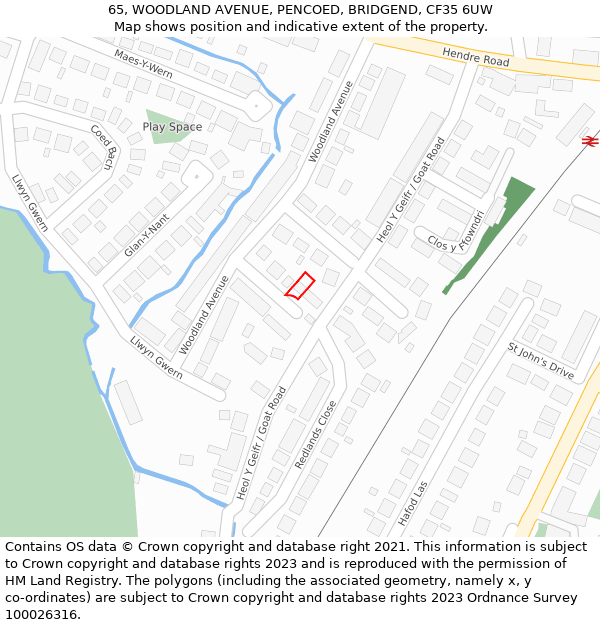 65, WOODLAND AVENUE, PENCOED, BRIDGEND, CF35 6UW: Location map and indicative extent of plot