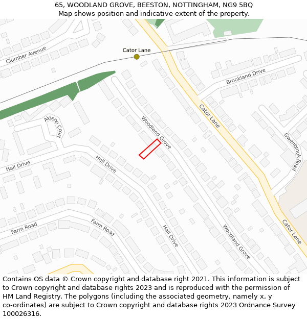 65, WOODLAND GROVE, BEESTON, NOTTINGHAM, NG9 5BQ: Location map and indicative extent of plot