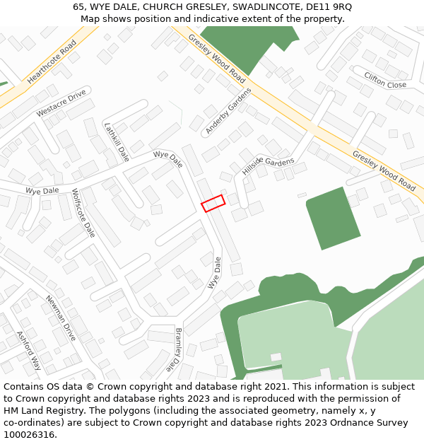 65, WYE DALE, CHURCH GRESLEY, SWADLINCOTE, DE11 9RQ: Location map and indicative extent of plot