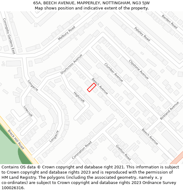 65A, BEECH AVENUE, MAPPERLEY, NOTTINGHAM, NG3 5JW: Location map and indicative extent of plot