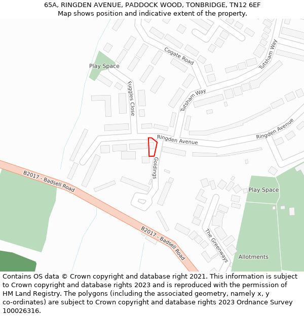 65A, RINGDEN AVENUE, PADDOCK WOOD, TONBRIDGE, TN12 6EF: Location map and indicative extent of plot