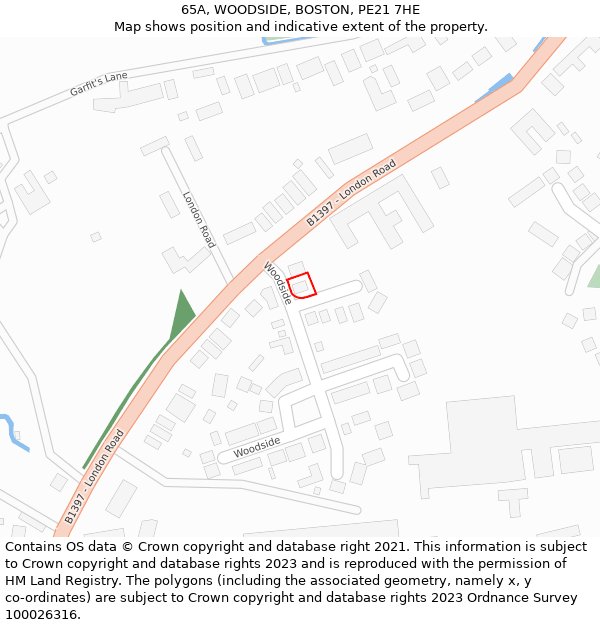 65A, WOODSIDE, BOSTON, PE21 7HE: Location map and indicative extent of plot