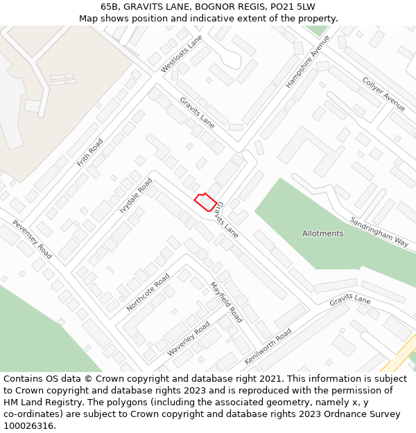 65B, GRAVITS LANE, BOGNOR REGIS, PO21 5LW: Location map and indicative extent of plot