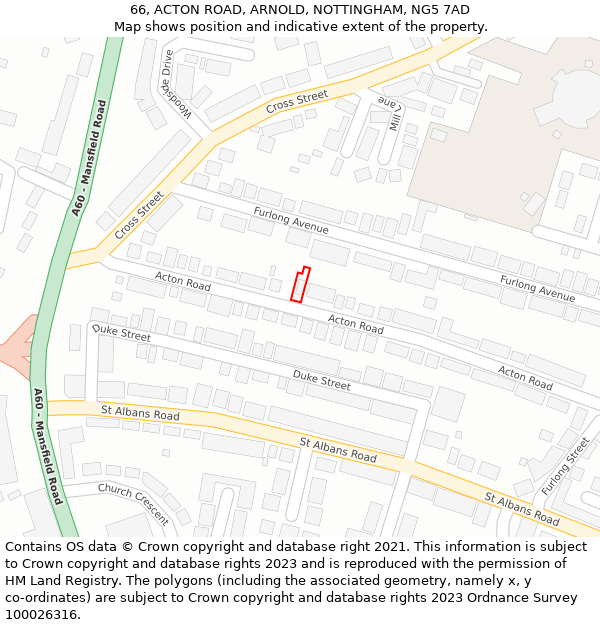 66, ACTON ROAD, ARNOLD, NOTTINGHAM, NG5 7AD: Location map and indicative extent of plot