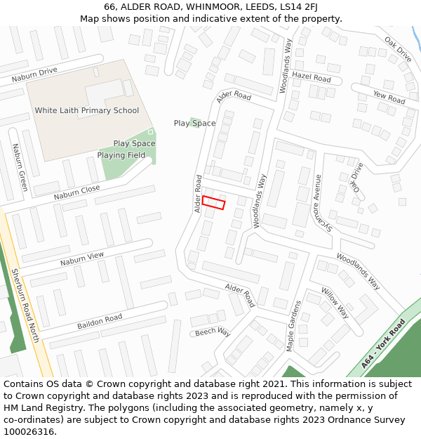 66, ALDER ROAD, WHINMOOR, LEEDS, LS14 2FJ: Location map and indicative extent of plot