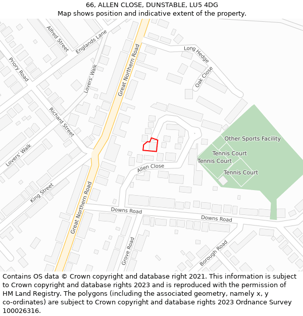 66, ALLEN CLOSE, DUNSTABLE, LU5 4DG: Location map and indicative extent of plot