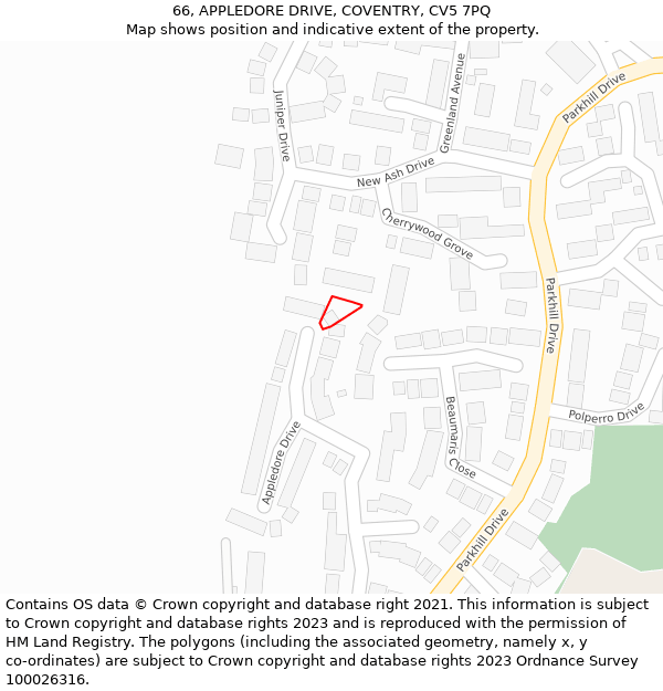 66, APPLEDORE DRIVE, COVENTRY, CV5 7PQ: Location map and indicative extent of plot