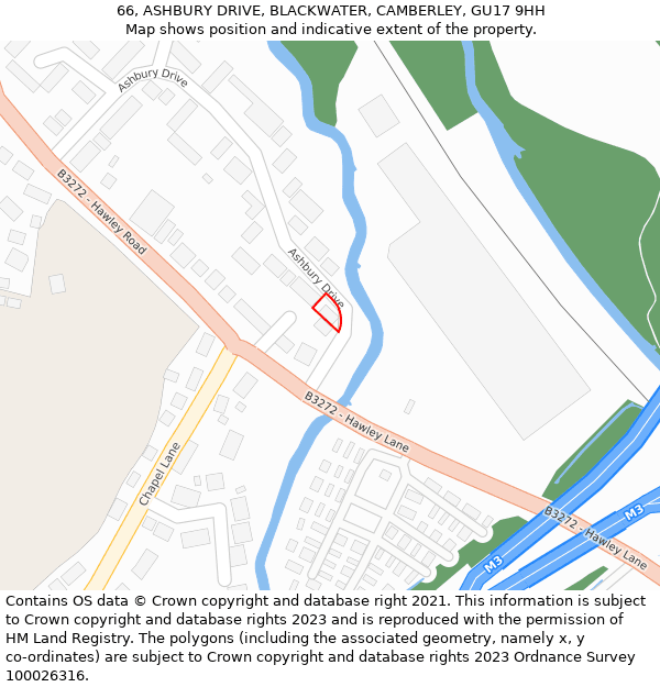 66, ASHBURY DRIVE, BLACKWATER, CAMBERLEY, GU17 9HH: Location map and indicative extent of plot