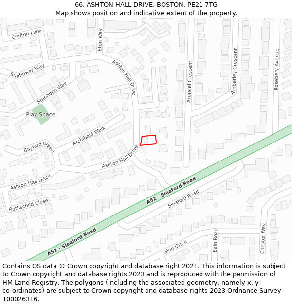 66, ASHTON HALL DRIVE, BOSTON, PE21 7TG: Location map and indicative extent of plot