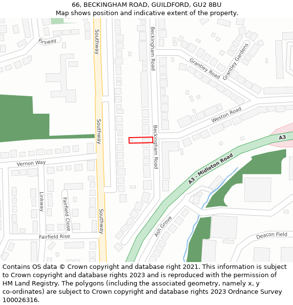 66, BECKINGHAM ROAD, GUILDFORD, GU2 8BU: Location map and indicative extent of plot