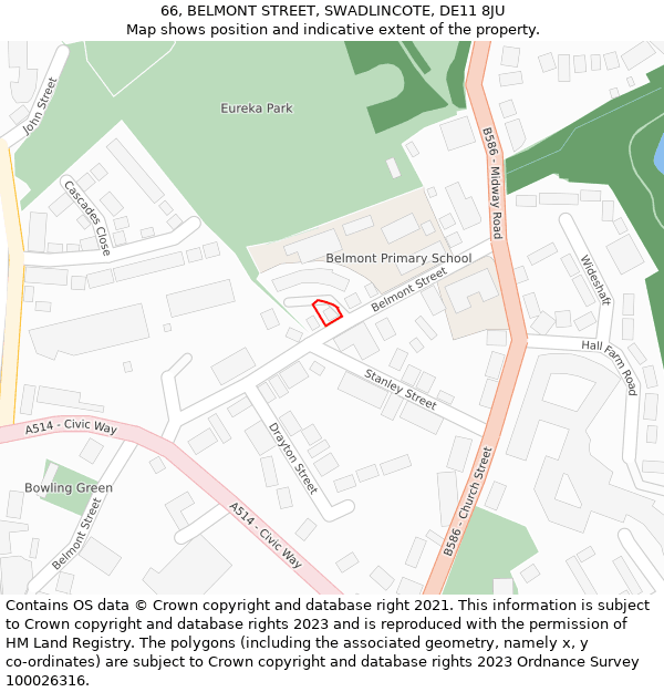 66, BELMONT STREET, SWADLINCOTE, DE11 8JU: Location map and indicative extent of plot