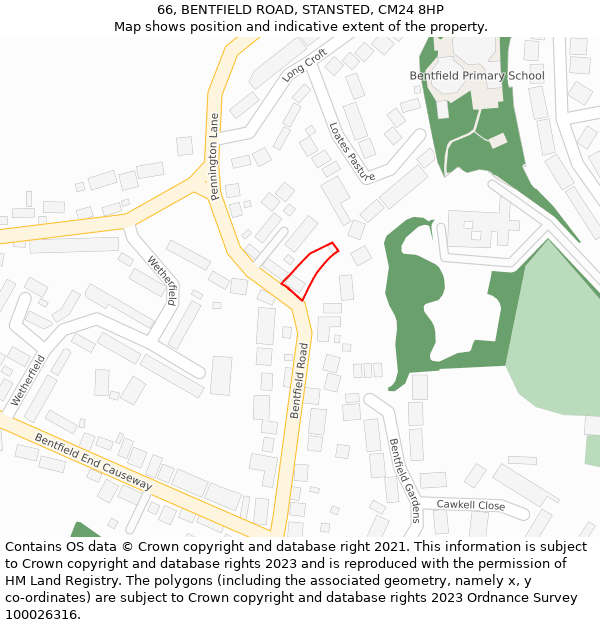 66, BENTFIELD ROAD, STANSTED, CM24 8HP: Location map and indicative extent of plot