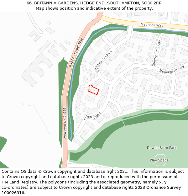 66, BRITANNIA GARDENS, HEDGE END, SOUTHAMPTON, SO30 2RP: Location map and indicative extent of plot