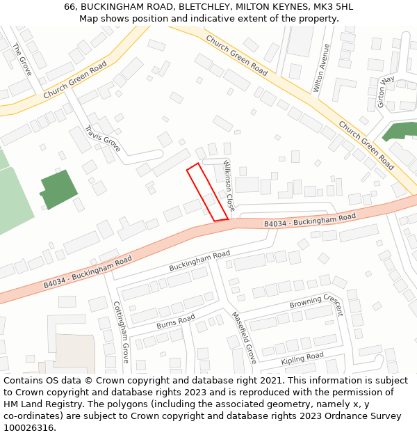 66, BUCKINGHAM ROAD, BLETCHLEY, MILTON KEYNES, MK3 5HL: Location map and indicative extent of plot