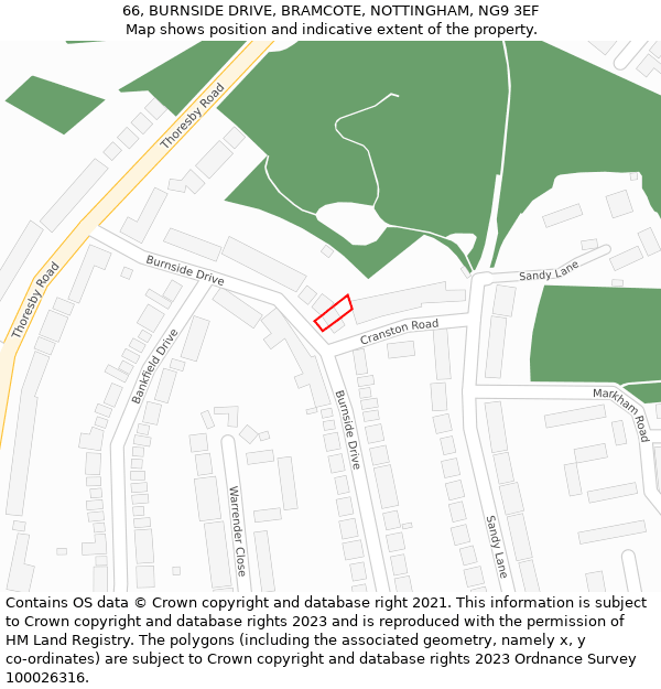 66, BURNSIDE DRIVE, BRAMCOTE, NOTTINGHAM, NG9 3EF: Location map and indicative extent of plot