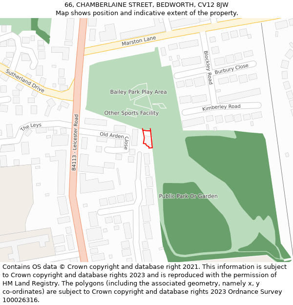 66, CHAMBERLAINE STREET, BEDWORTH, CV12 8JW: Location map and indicative extent of plot