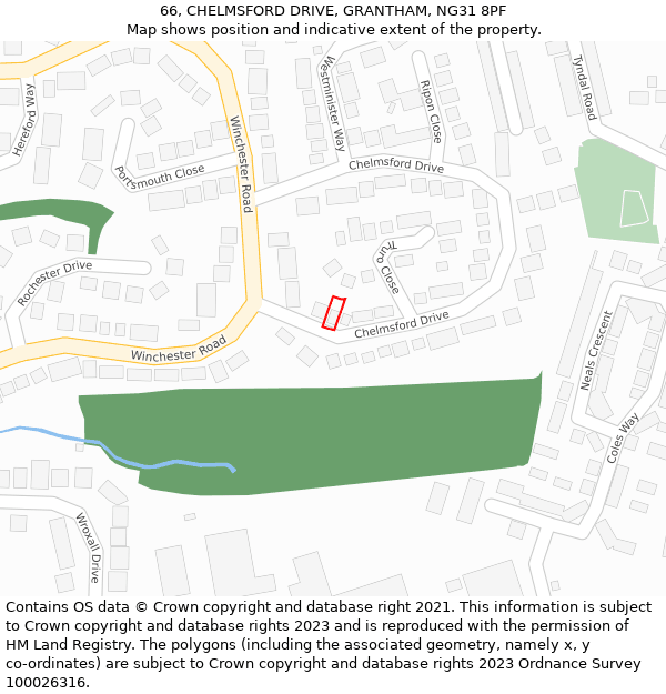 66, CHELMSFORD DRIVE, GRANTHAM, NG31 8PF: Location map and indicative extent of plot