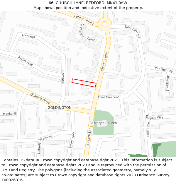 66, CHURCH LANE, BEDFORD, MK41 0AW: Location map and indicative extent of plot