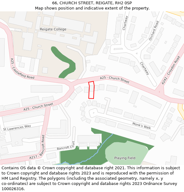 66, CHURCH STREET, REIGATE, RH2 0SP: Location map and indicative extent of plot