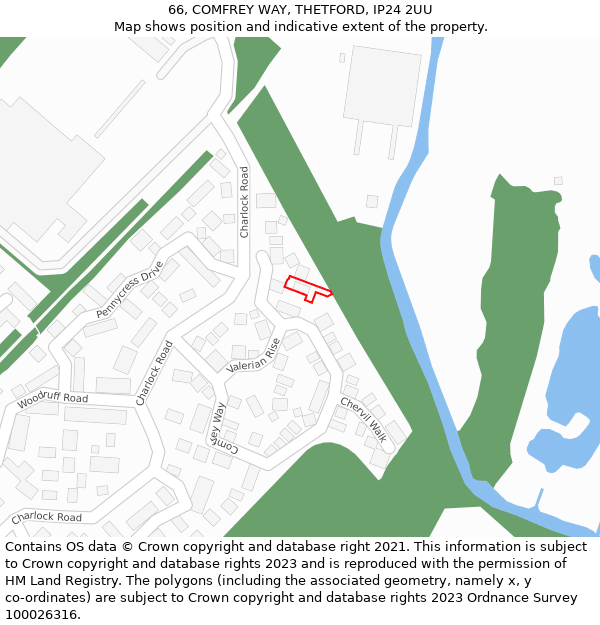 66, COMFREY WAY, THETFORD, IP24 2UU: Location map and indicative extent of plot