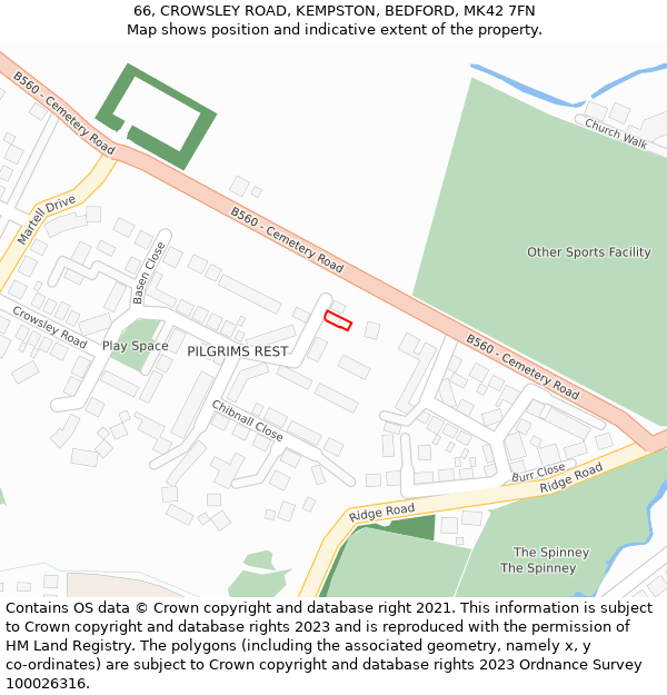66, CROWSLEY ROAD, KEMPSTON, BEDFORD, MK42 7FN: Location map and indicative extent of plot