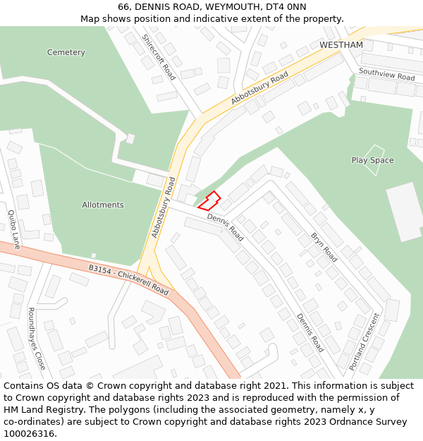 66, DENNIS ROAD, WEYMOUTH, DT4 0NN: Location map and indicative extent of plot