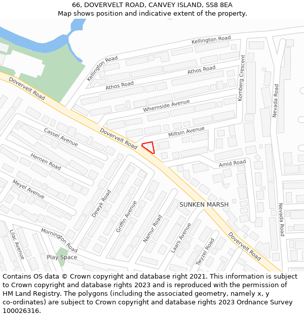 66, DOVERVELT ROAD, CANVEY ISLAND, SS8 8EA: Location map and indicative extent of plot