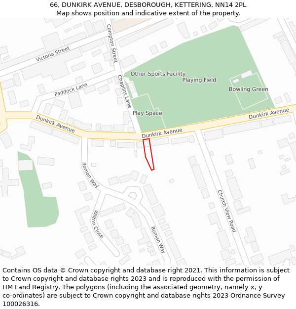 66, DUNKIRK AVENUE, DESBOROUGH, KETTERING, NN14 2PL: Location map and indicative extent of plot