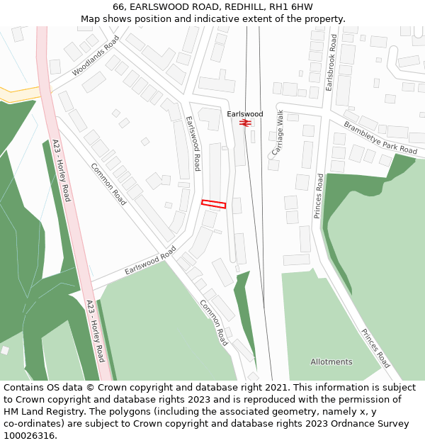 66, EARLSWOOD ROAD, REDHILL, RH1 6HW: Location map and indicative extent of plot