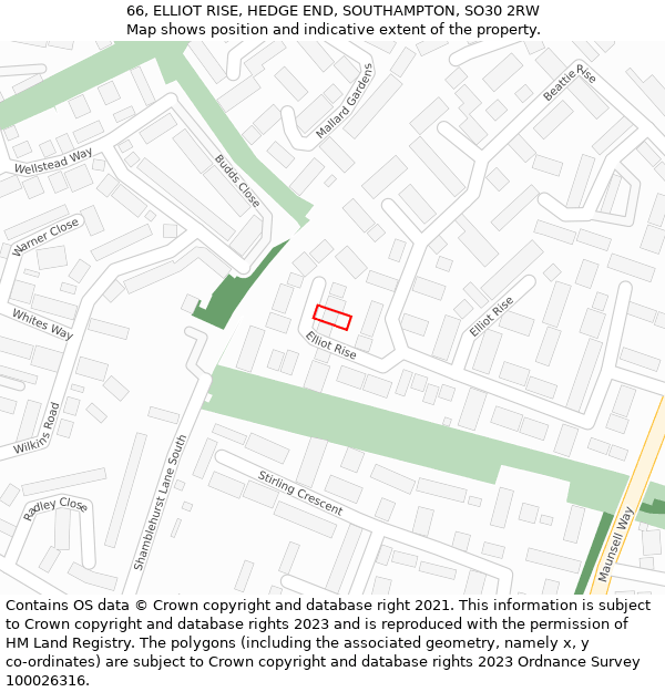 66, ELLIOT RISE, HEDGE END, SOUTHAMPTON, SO30 2RW: Location map and indicative extent of plot