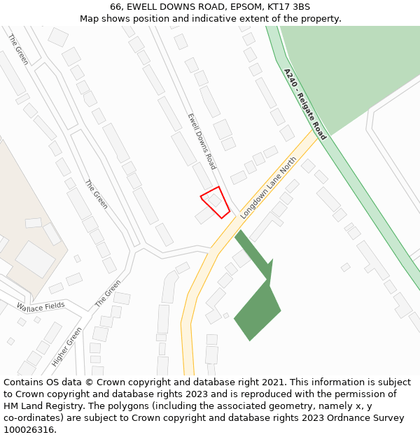 66, EWELL DOWNS ROAD, EPSOM, KT17 3BS: Location map and indicative extent of plot