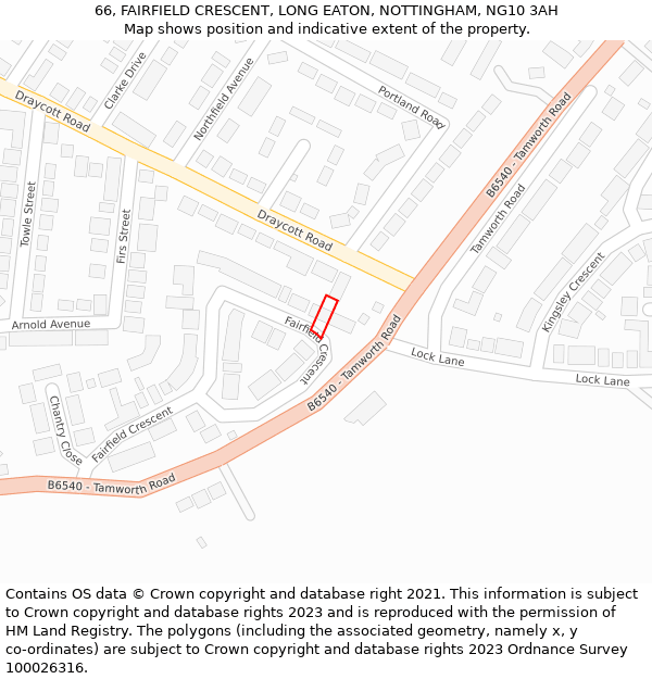 66, FAIRFIELD CRESCENT, LONG EATON, NOTTINGHAM, NG10 3AH: Location map and indicative extent of plot