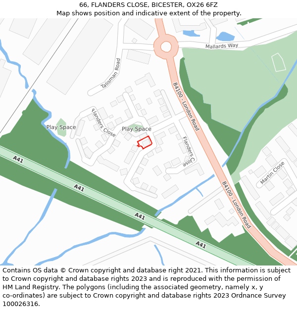 66, FLANDERS CLOSE, BICESTER, OX26 6FZ: Location map and indicative extent of plot