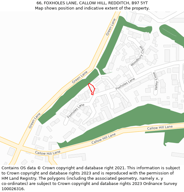 66, FOXHOLES LANE, CALLOW HILL, REDDITCH, B97 5YT: Location map and indicative extent of plot