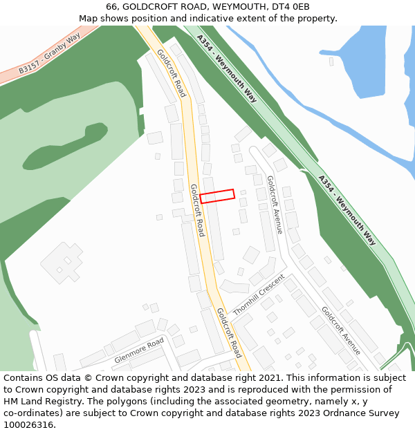 66, GOLDCROFT ROAD, WEYMOUTH, DT4 0EB: Location map and indicative extent of plot