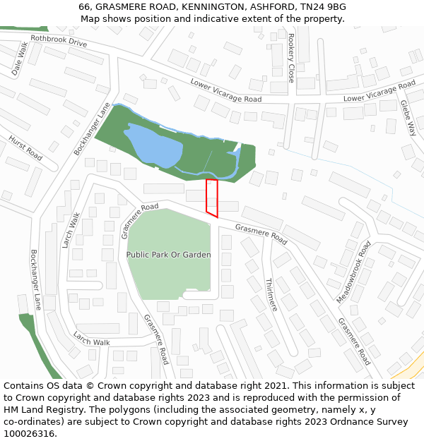 66, GRASMERE ROAD, KENNINGTON, ASHFORD, TN24 9BG: Location map and indicative extent of plot