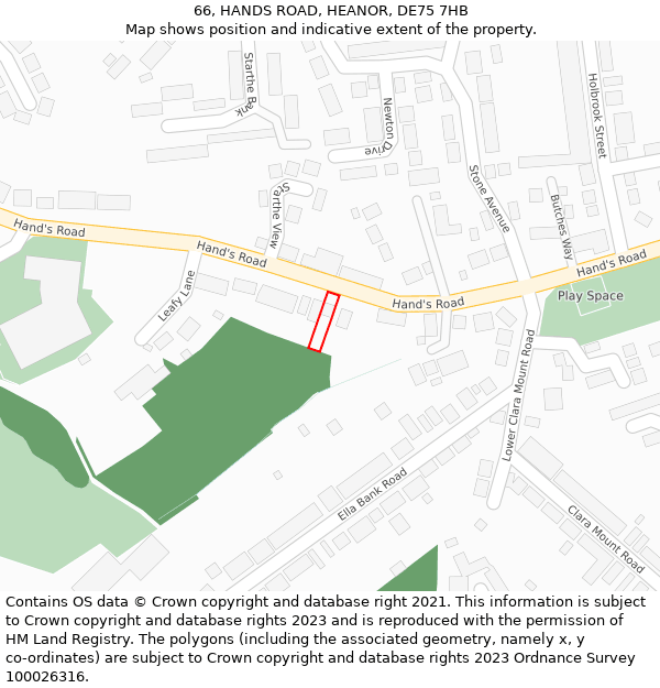 66, HANDS ROAD, HEANOR, DE75 7HB: Location map and indicative extent of plot