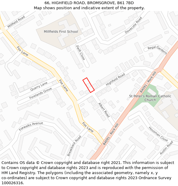 66, HIGHFIELD ROAD, BROMSGROVE, B61 7BD: Location map and indicative extent of plot