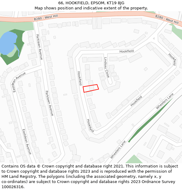 66, HOOKFIELD, EPSOM, KT19 8JG: Location map and indicative extent of plot