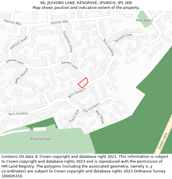 66, JEAVONS LANE, KESGRAVE, IPSWICH, IP5 2EB: Location map and indicative extent of plot