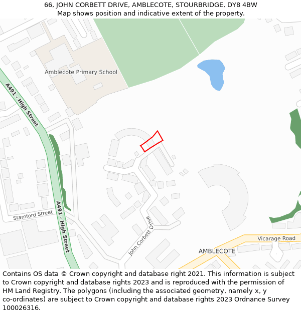 66, JOHN CORBETT DRIVE, AMBLECOTE, STOURBRIDGE, DY8 4BW: Location map and indicative extent of plot