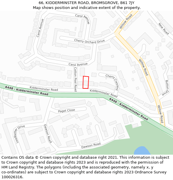 66, KIDDERMINSTER ROAD, BROMSGROVE, B61 7JY: Location map and indicative extent of plot