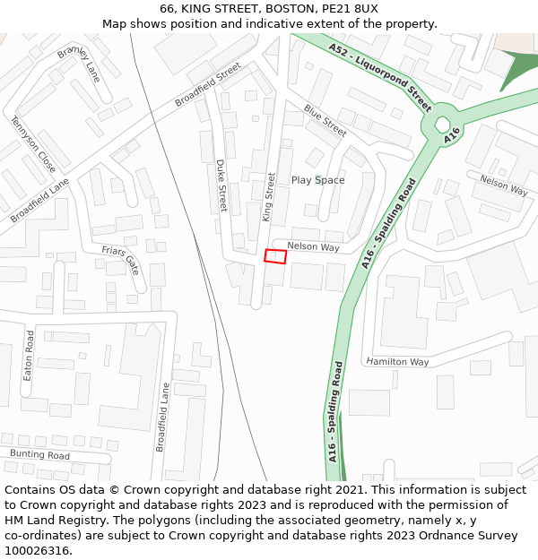 66, KING STREET, BOSTON, PE21 8UX: Location map and indicative extent of plot