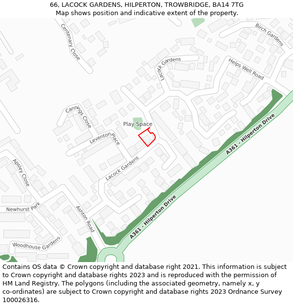 66, LACOCK GARDENS, HILPERTON, TROWBRIDGE, BA14 7TG: Location map and indicative extent of plot