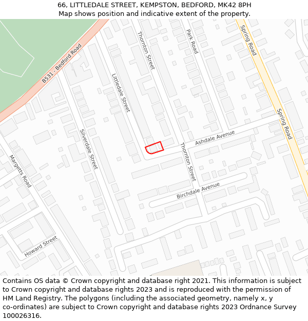 66, LITTLEDALE STREET, KEMPSTON, BEDFORD, MK42 8PH: Location map and indicative extent of plot