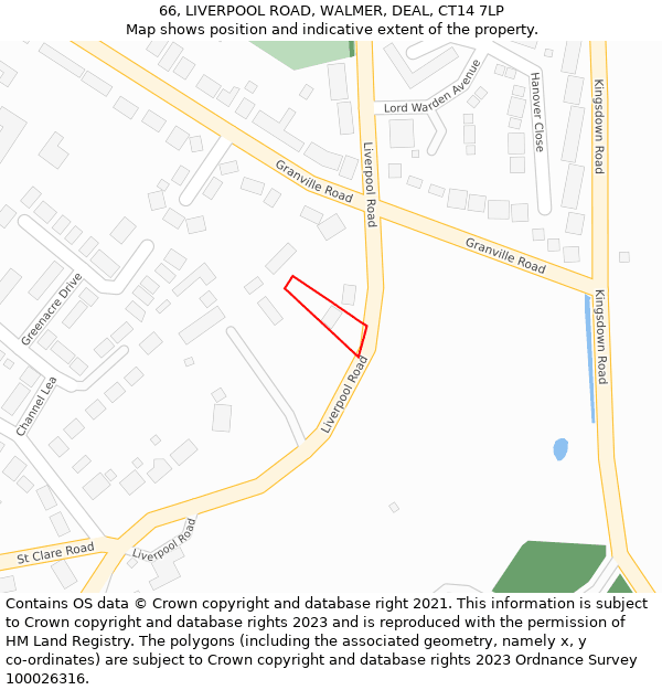 66, LIVERPOOL ROAD, WALMER, DEAL, CT14 7LP: Location map and indicative extent of plot