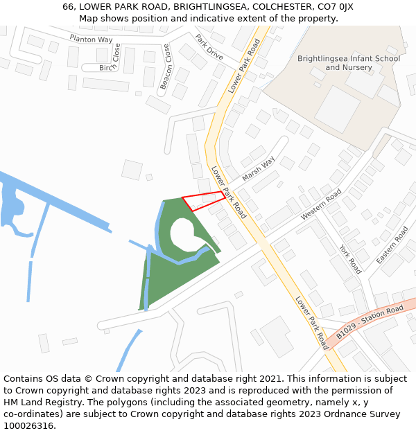 66, LOWER PARK ROAD, BRIGHTLINGSEA, COLCHESTER, CO7 0JX: Location map and indicative extent of plot