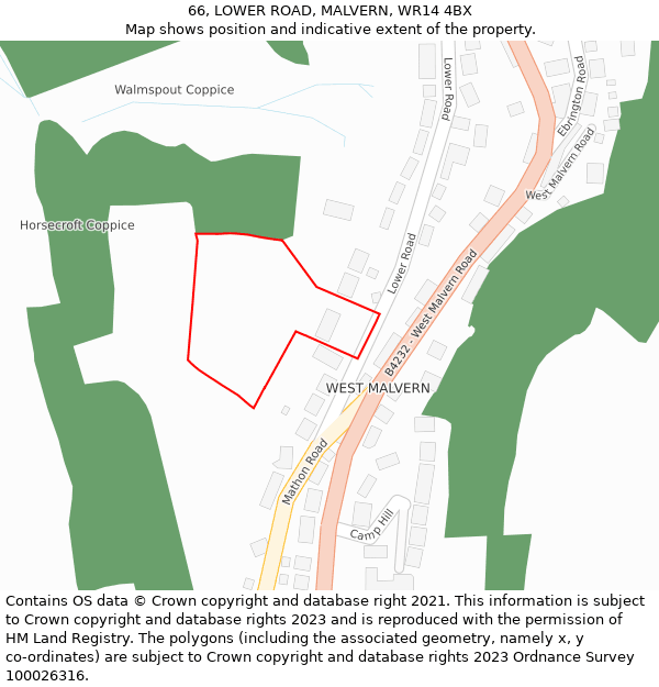 66, LOWER ROAD, MALVERN, WR14 4BX: Location map and indicative extent of plot