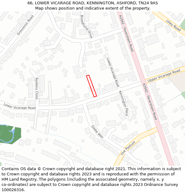 66, LOWER VICARAGE ROAD, KENNINGTON, ASHFORD, TN24 9AS: Location map and indicative extent of plot