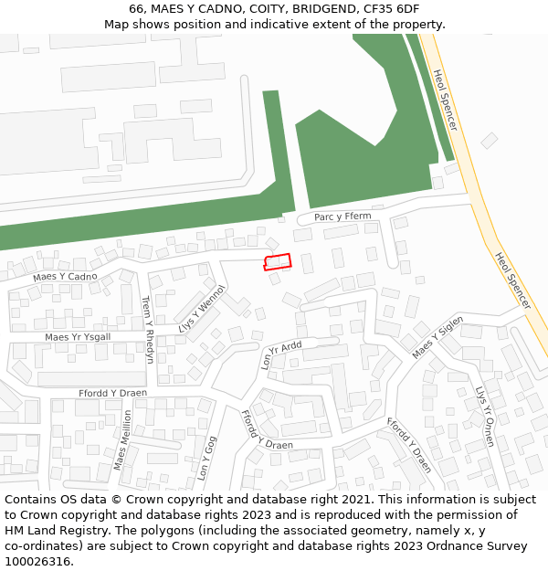 66, MAES Y CADNO, COITY, BRIDGEND, CF35 6DF: Location map and indicative extent of plot